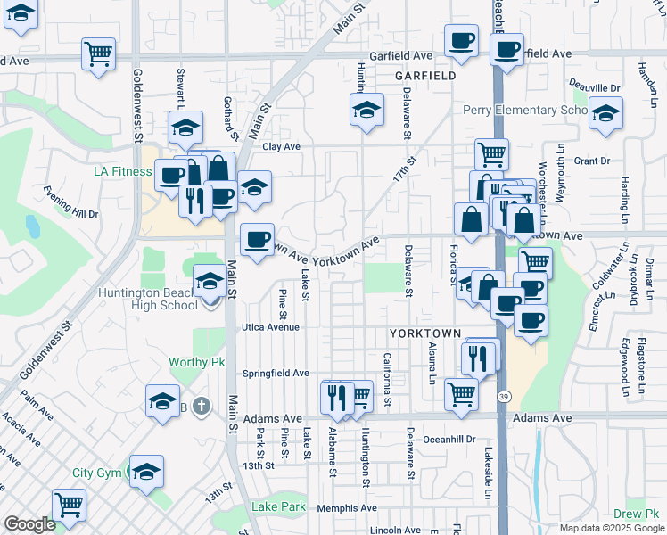 map of restaurants, bars, coffee shops, grocery stores, and more near 215 Wichita Avenue in Huntington Beach