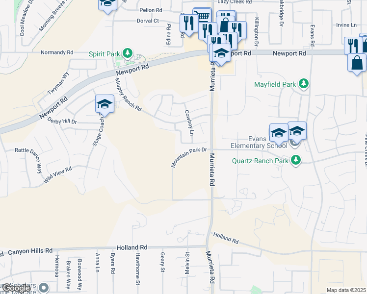 map of restaurants, bars, coffee shops, grocery stores, and more near 25863 Prospector Court in Menifee