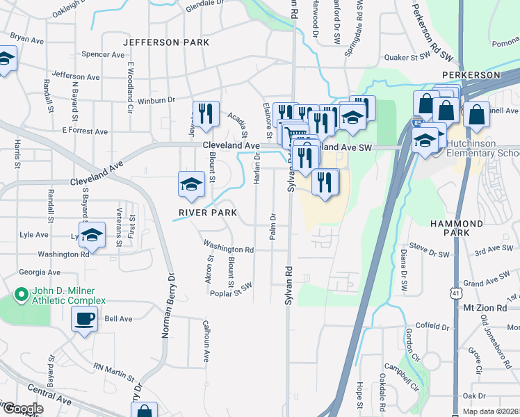 map of restaurants, bars, coffee shops, grocery stores, and more near 2827 Palm Drive in East Point