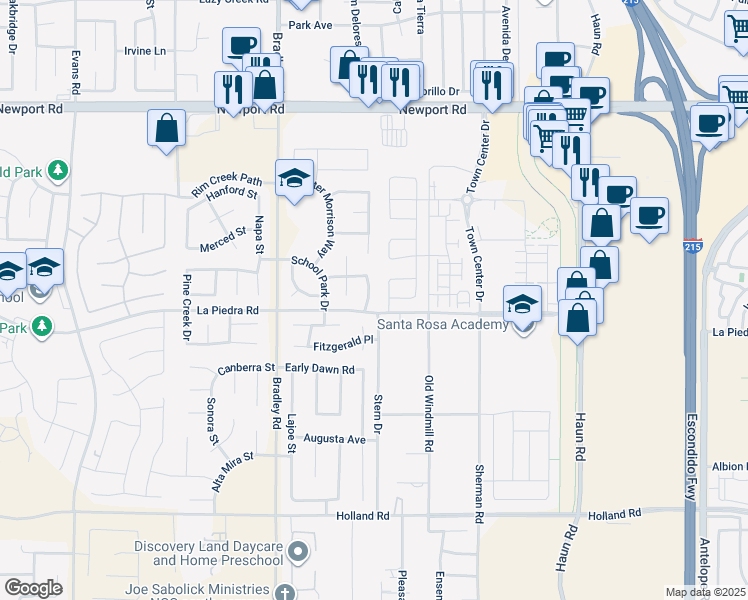 map of restaurants, bars, coffee shops, grocery stores, and more near 30476 Cleary Street in Menifee