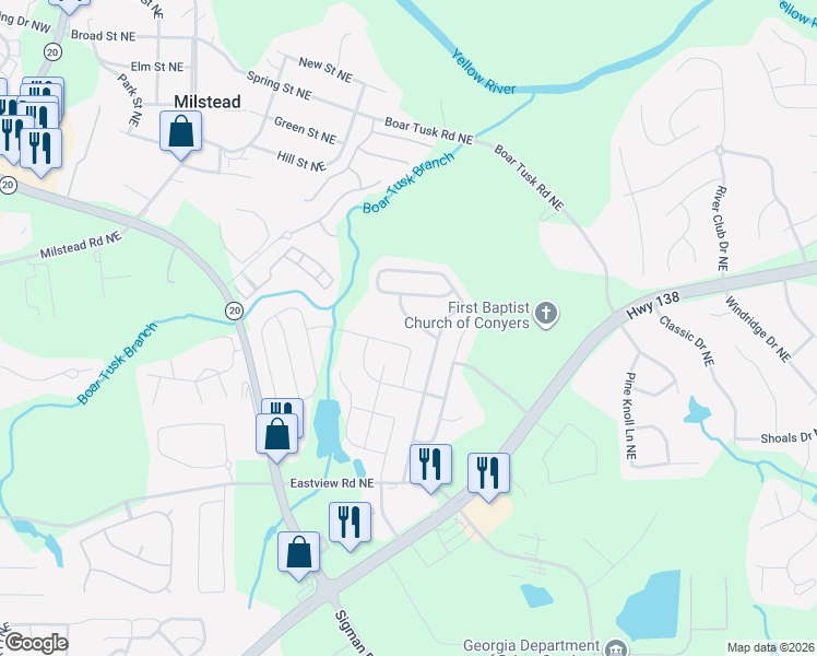 map of restaurants, bars, coffee shops, grocery stores, and more near 1910 Keystone Way in Conyers