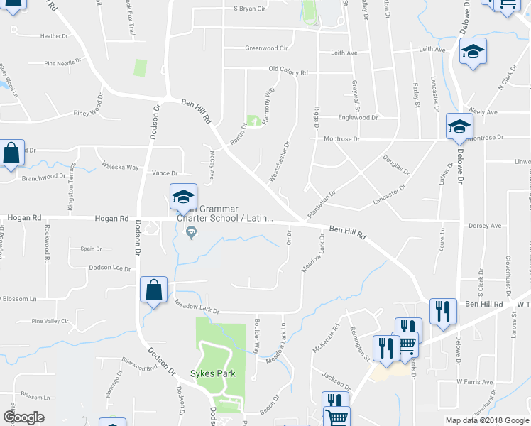 map of restaurants, bars, coffee shops, grocery stores, and more near 2475 Hogan Road in East Point