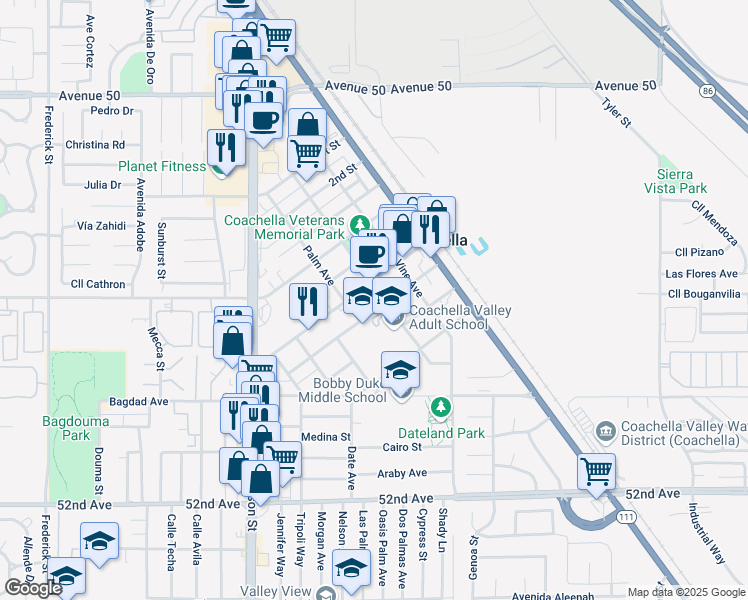 map of restaurants, bars, coffee shops, grocery stores, and more near 1467 7th Street in Coachella