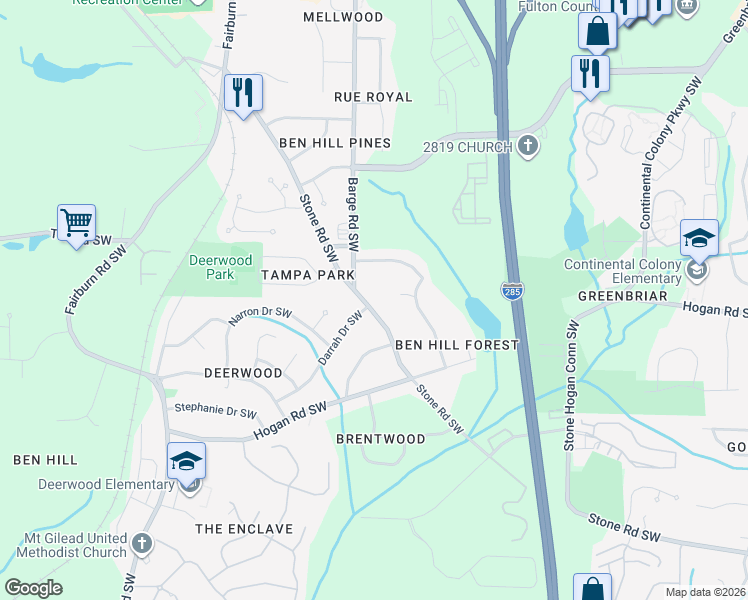 map of restaurants, bars, coffee shops, grocery stores, and more near 3589 Stone Road Southwest in Atlanta