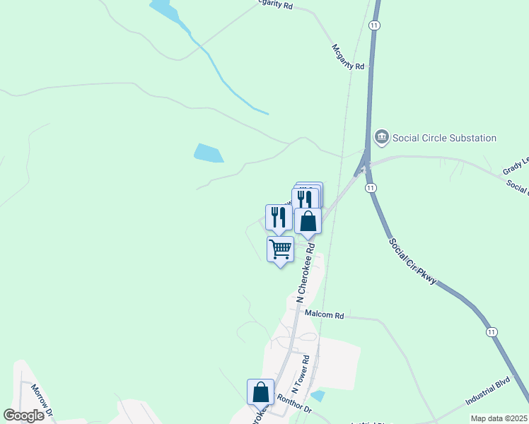 map of restaurants, bars, coffee shops, grocery stores, and more near 596 Meadows Lane in Social Circle