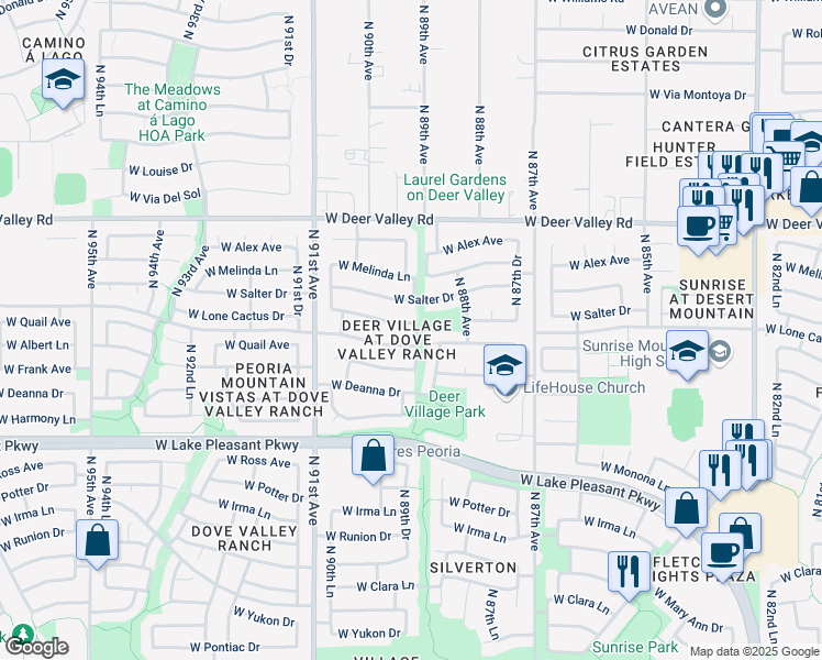map of restaurants, bars, coffee shops, grocery stores, and more near 8907 West Lone Cactus Drive in Peoria