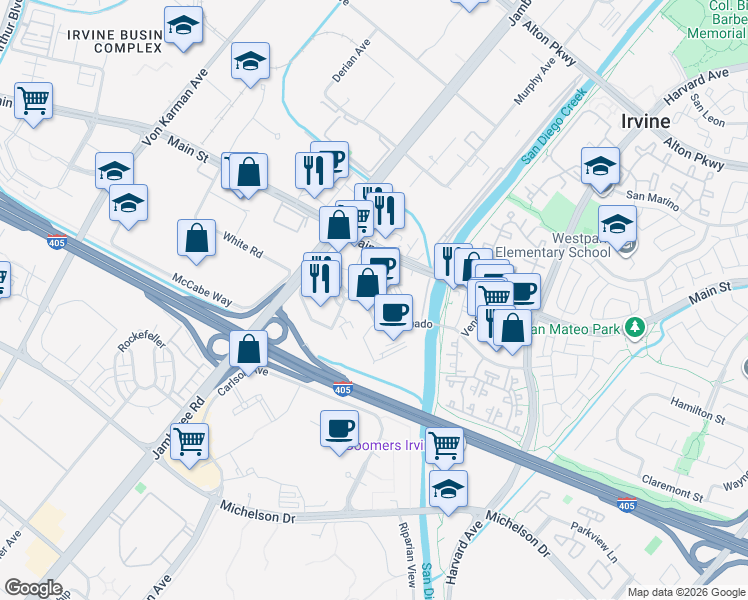map of restaurants, bars, coffee shops, grocery stores, and more near 4 Park Plaza in Irvine
