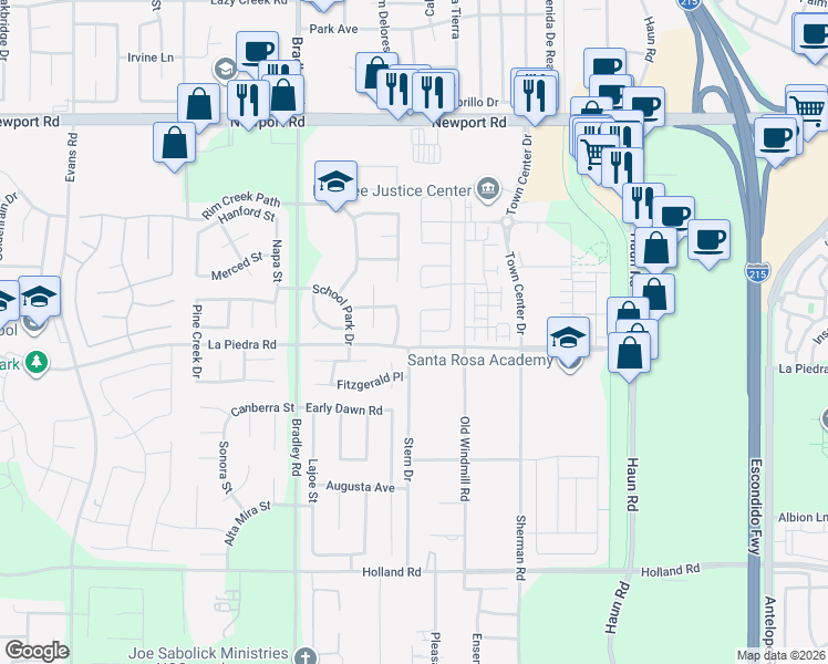 map of restaurants, bars, coffee shops, grocery stores, and more near 30486 Cleary Street in Menifee