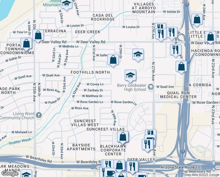 map of restaurants, bars, coffee shops, grocery stores, and more near 3004 West Zachary Drive in Phoenix