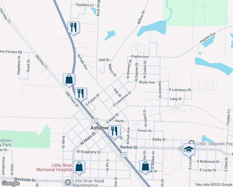 map of restaurants, bars, coffee shops, grocery stores, and more near 571 Oak Street in Ashdown