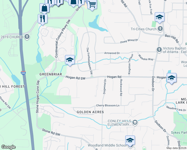 map of restaurants, bars, coffee shops, grocery stores, and more near 2886 The Fontainebleau Southwest in Atlanta