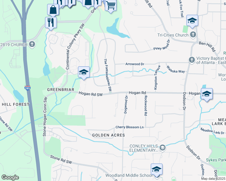 map of restaurants, bars, coffee shops, grocery stores, and more near 2886 The Fontainebleau Southwest in Atlanta