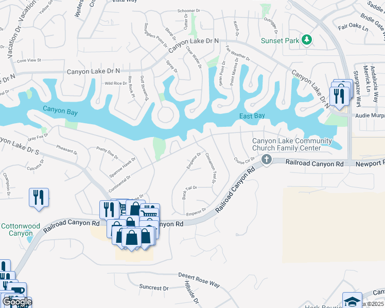 map of restaurants, bars, coffee shops, grocery stores, and more near 31502 Emperor Drive in Canyon Lake