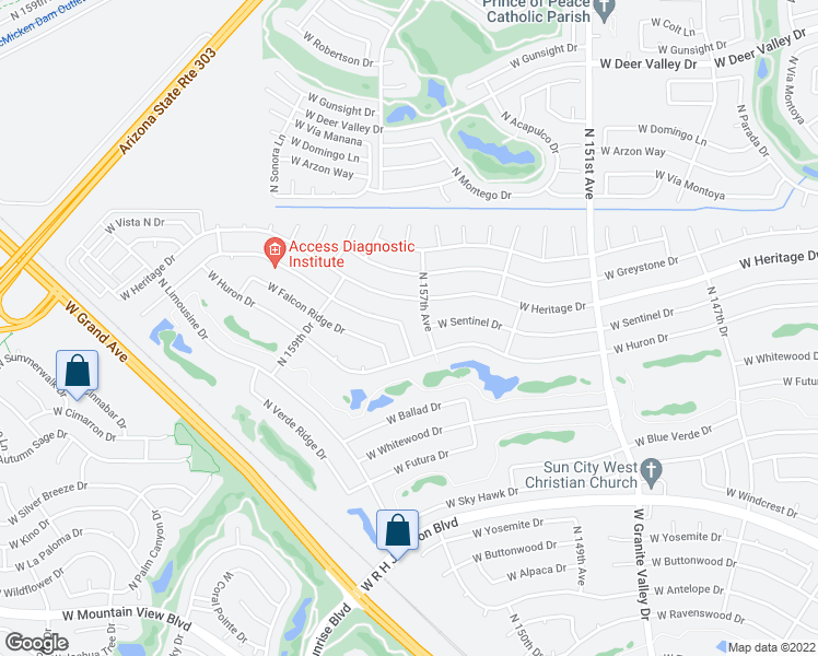 map of restaurants, bars, coffee shops, grocery stores, and more near 21419 North 157th Drive in Sun City West