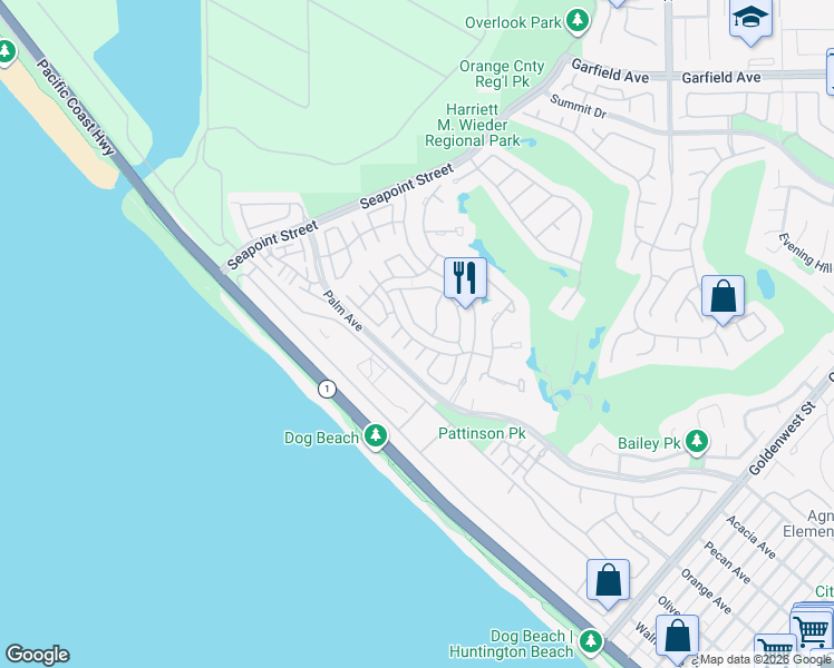 map of restaurants, bars, coffee shops, grocery stores, and more near 6132 Eaglecrest Drive in Huntington Beach