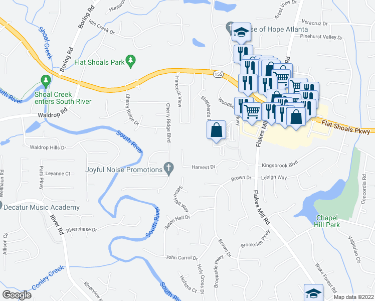 map of restaurants, bars, coffee shops, grocery stores, and more near 3781 Harvest Drive in Decatur