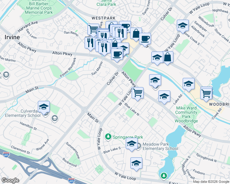 map of restaurants, bars, coffee shops, grocery stores, and more near 25 Greenfield in Irvine