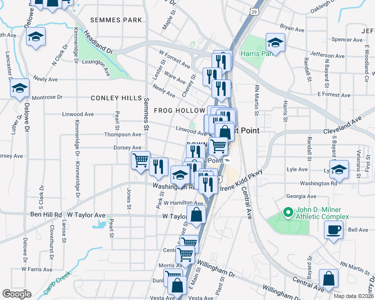 map of restaurants, bars, coffee shops, grocery stores, and more near 2834 Church Street in Atlanta