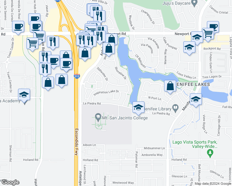 map of restaurants, bars, coffee shops, grocery stores, and more near 30562 Spring Lake Way in Menifee