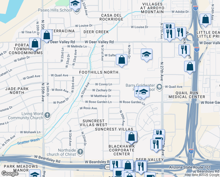 map of restaurants, bars, coffee shops, grocery stores, and more near 3034 West Zachary Drive in Phoenix