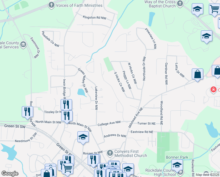 map of restaurants, bars, coffee shops, grocery stores, and more near 1338 Springwood Drive Northwest in Conyers