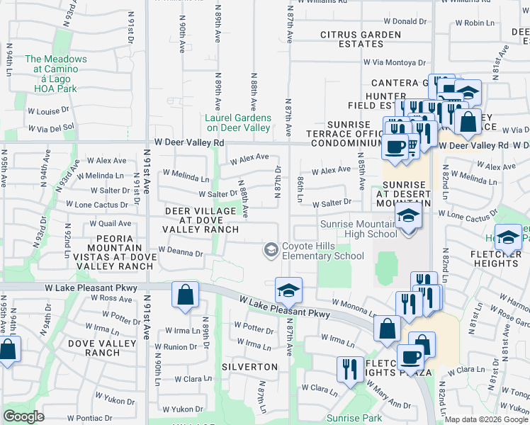 map of restaurants, bars, coffee shops, grocery stores, and more near 8756 West Adam Avenue in Peoria