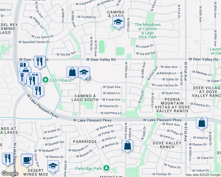 map of restaurants, bars, coffee shops, grocery stores, and more near 9566 West Albert Lane in Peoria
