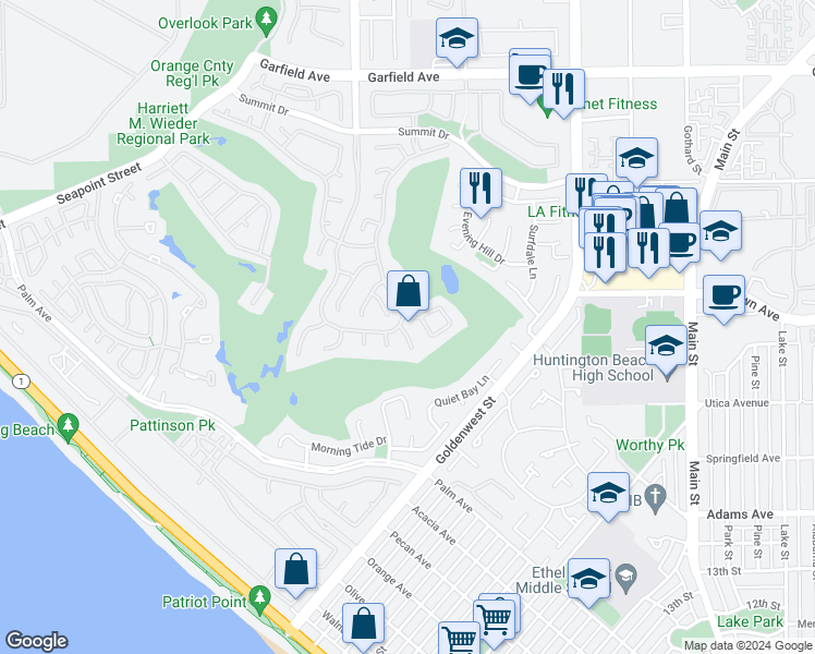 map of restaurants, bars, coffee shops, grocery stores, and more near in Huntington Beach