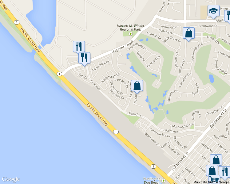 map of restaurants, bars, coffee shops, grocery stores, and more near 6132 Eaglecrest Drive in Huntington Beach