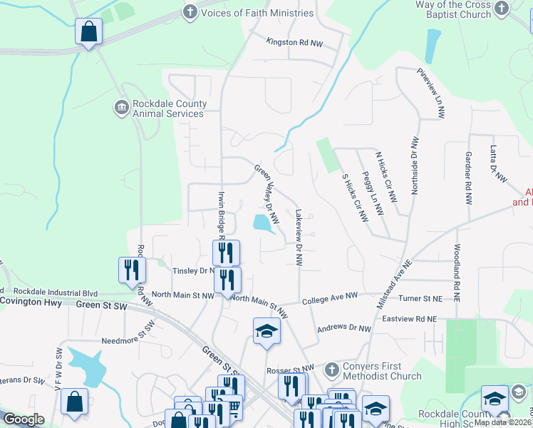 map of restaurants, bars, coffee shops, grocery stores, and more near 1027 Green Valley Drive Northwest in Conyers