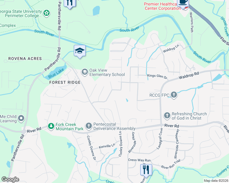 map of restaurants, bars, coffee shops, grocery stores, and more near 3037 River Oak Road in Decatur