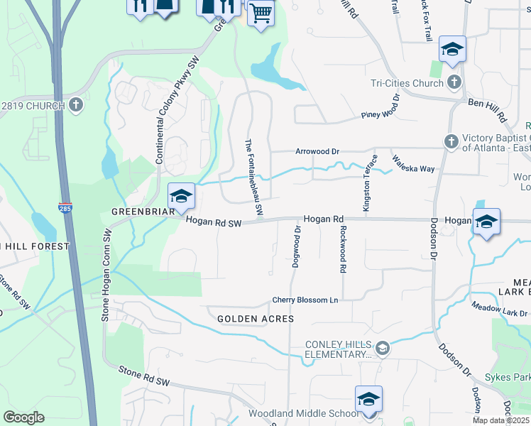map of restaurants, bars, coffee shops, grocery stores, and more near 2886 The Fontainebleau Southwest in Atlanta