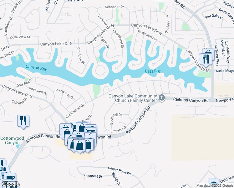 map of restaurants, bars, coffee shops, grocery stores, and more near 31502 Emperor Drive in Canyon Lake