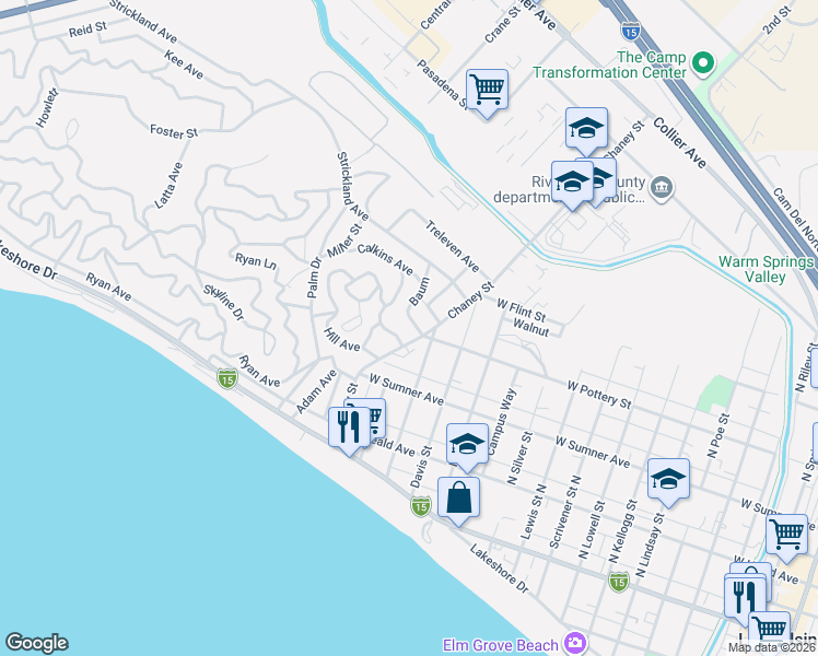 map of restaurants, bars, coffee shops, grocery stores, and more near Baum in Lake Elsinore
