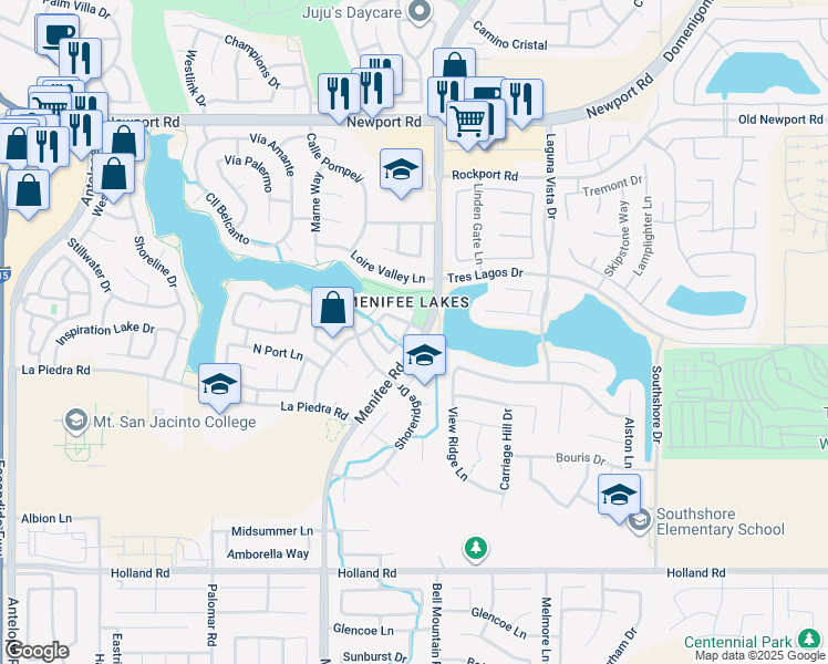map of restaurants, bars, coffee shops, grocery stores, and more near 30420 Teal Brook Drive in Menifee