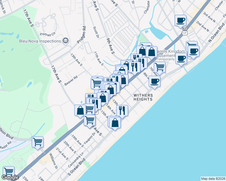 map of restaurants, bars, coffee shops, grocery stores, and more near 1206 South Kings Highway in Myrtle Beach