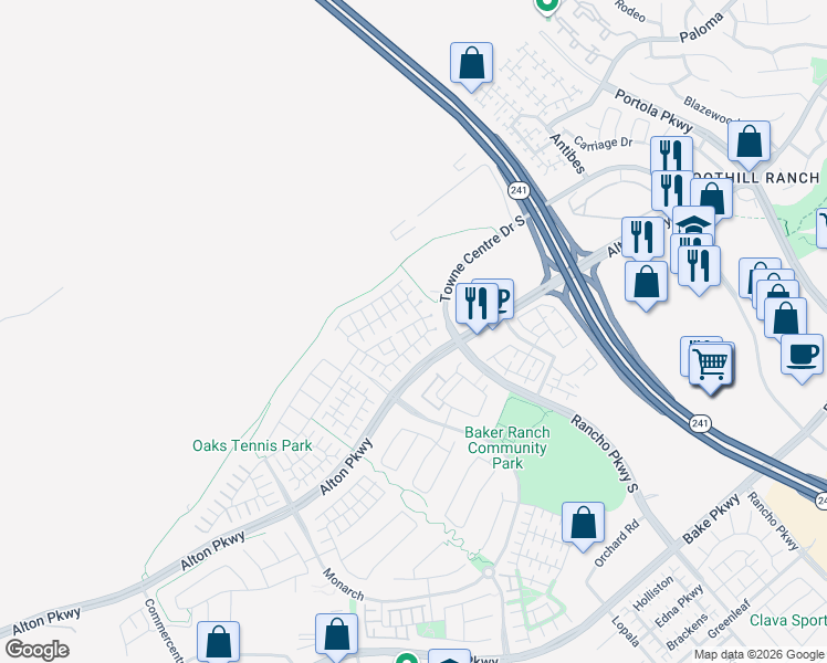 map of restaurants, bars, coffee shops, grocery stores, and more near 21 Savannah in Lake Forest