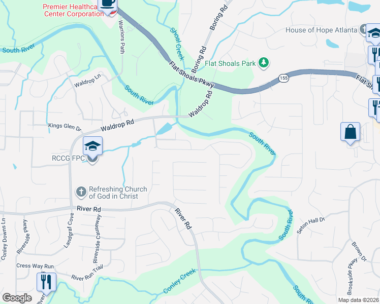 map of restaurants, bars, coffee shops, grocery stores, and more near 3839 Waldrop Hills Drive in Decatur