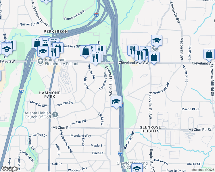 map of restaurants, bars, coffee shops, grocery stores, and more near 2814 1st Avenue Southwest in Atlanta