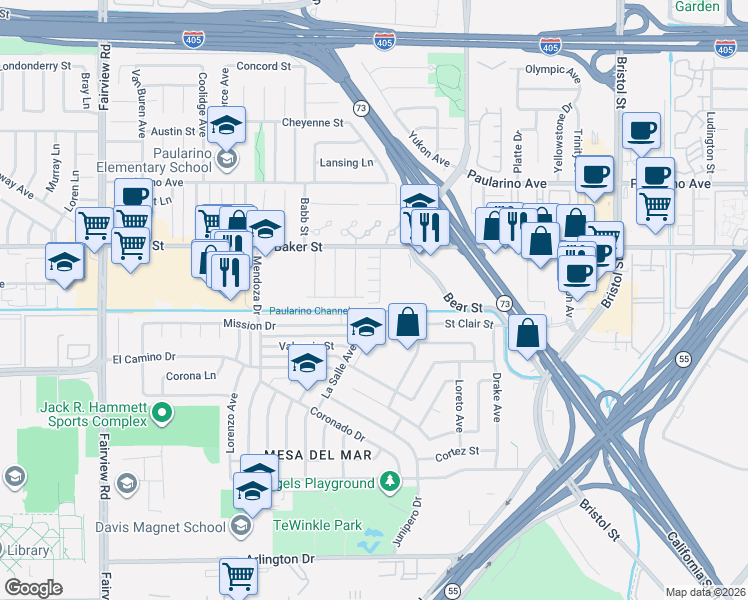 map of restaurants, bars, coffee shops, grocery stores, and more near 944 Tesla Lane in Costa Mesa