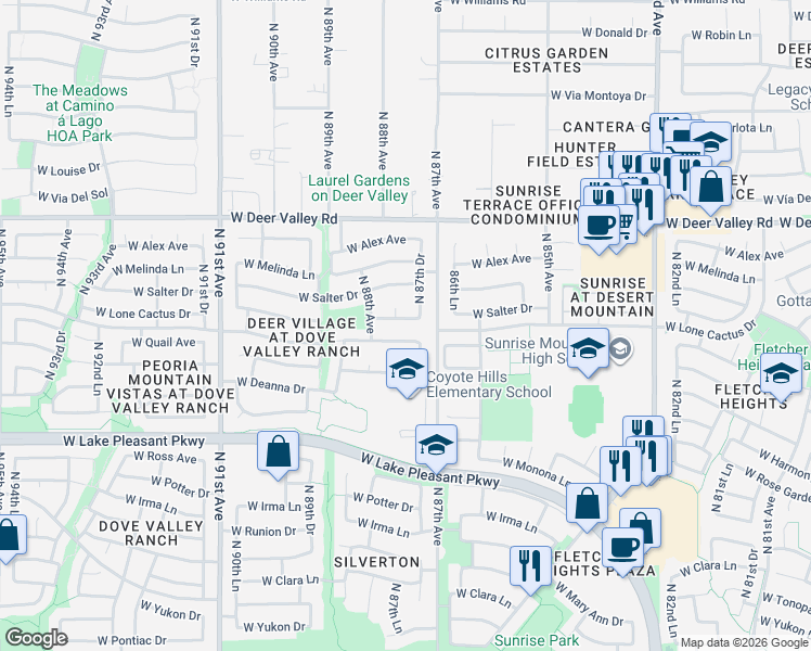 map of restaurants, bars, coffee shops, grocery stores, and more near 8756 West Adam Avenue in Peoria