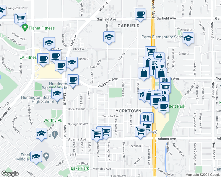 map of restaurants, bars, coffee shops, grocery stores, and more near 2318 Huntington Street in Huntington Beach