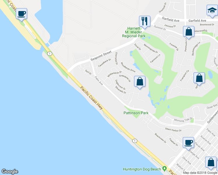 map of restaurants, bars, coffee shops, grocery stores, and more near 6012 Panorama Drive in Huntington Beach