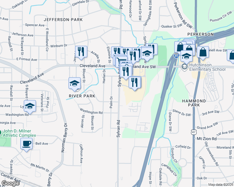 map of restaurants, bars, coffee shops, grocery stores, and more near 2822 Sylvan Road in East Point
