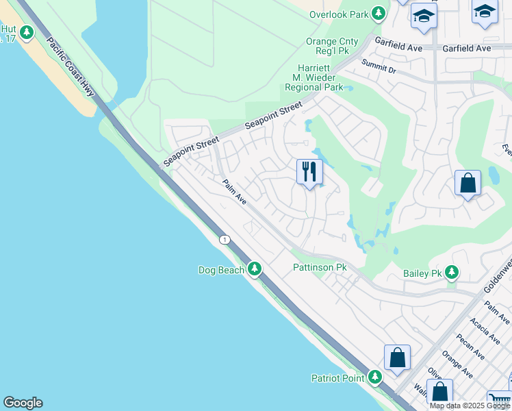 map of restaurants, bars, coffee shops, grocery stores, and more near 6012 Panorama Drive in Huntington Beach