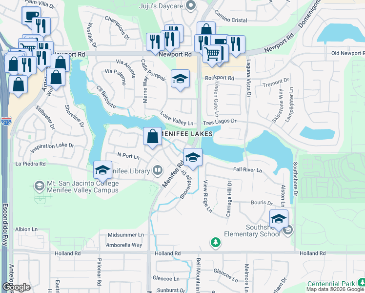 map of restaurants, bars, coffee shops, grocery stores, and more near 30431 Teal Brook Drive in Menifee