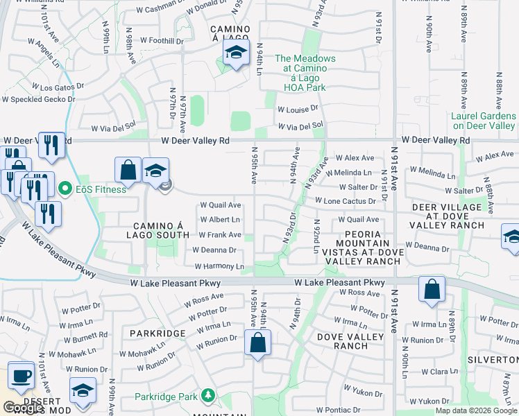 map of restaurants, bars, coffee shops, grocery stores, and more near 9466 West Albert Lane in Peoria