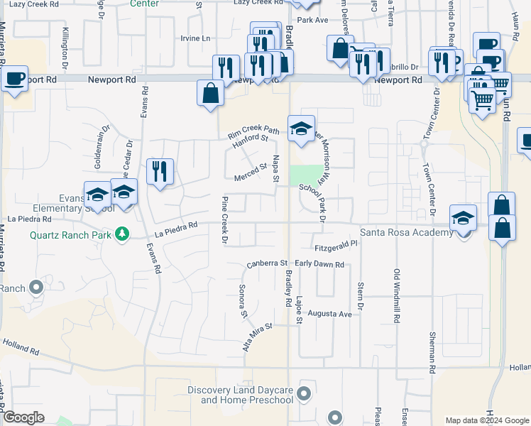 map of restaurants, bars, coffee shops, grocery stores, and more near 30470 Misty Creek Drive in Menifee