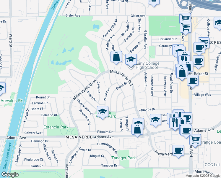 map of restaurants, bars, coffee shops, grocery stores, and more near 2952 Pemba Drive in Costa Mesa