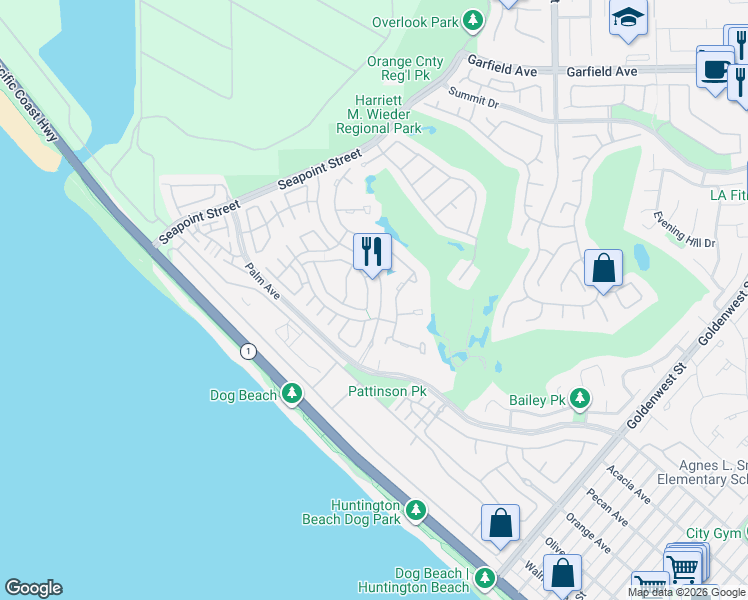 map of restaurants, bars, coffee shops, grocery stores, and more near 6235 Greenbrier Drive in Huntington Beach